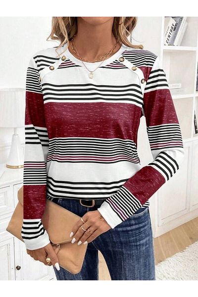 İpeksi Silky Women's Long Sleeve Crew Neck Button Detail Patterned Single Jersey Blouse