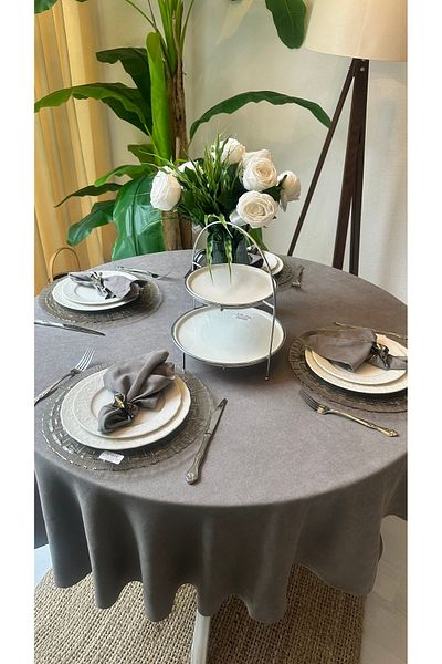 Decamor home Velvet Textured Laceless Stain Resistant Gray Round Tablecloth