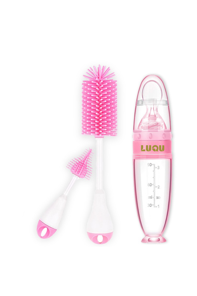 LUQU BABY ملعقة تغذية سيليكون قابلة للضغط مع مقياس وفرشاة تنظيف سيليكون (وردي)