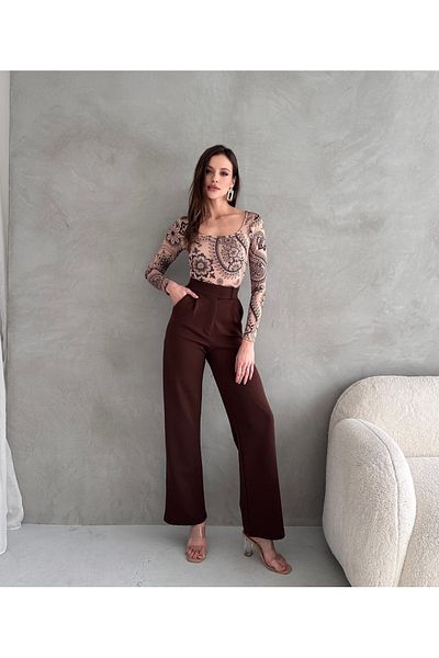 GLR BUTİK Brown High Waist Lycra Palazzo Trousers – Women'S, Velcro Closure, Two Pockets, Relaxed Fit