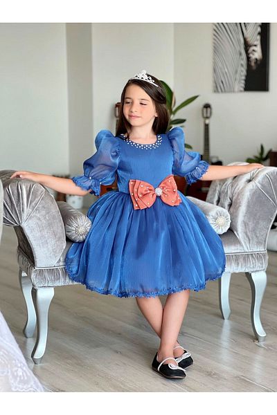 ada nil butik Adanil Stoned Chiffon Girls' Evening Dress - Navy Blue