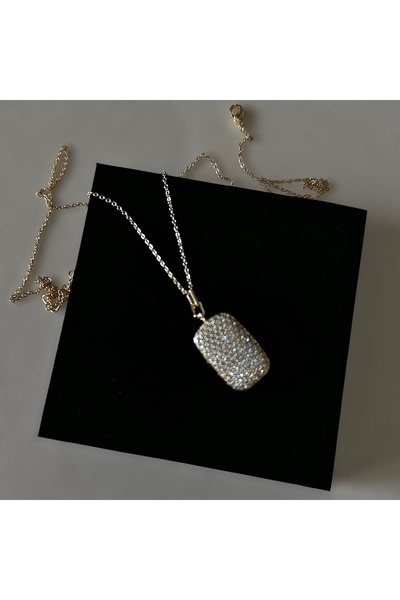 neslyaccessories 14K Gold Dikdörtgen Kesim Zirkon Taş İşlemeli Kapaklı Kolye (55cm)