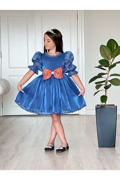ada nil butik Adanil Stoned Chiffon Girls' Evening Dress - Navy Blue