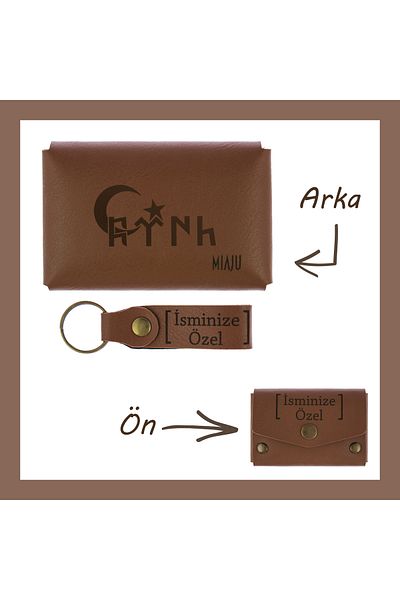 miawiki Turkish and Crescent Star Patterned Brown Color, Name Customizable Wallet and Keychain Set