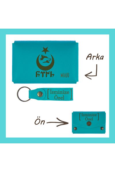 Miaju Dark Turquoise, Turkish Nation's History Remembering, Custom Your Name Personal Wallet and Keychain Set