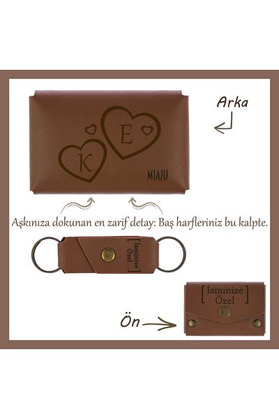 Miaju Gift for Lover - Brown, Custom Touch Name and Letter Heart Wallet and Keychain Set