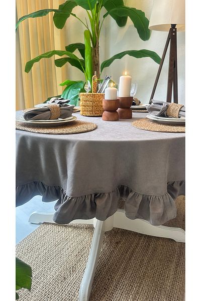 Decamor home Velvet Textured Stain-Resistant Gray Ruffled Round Table Cloth