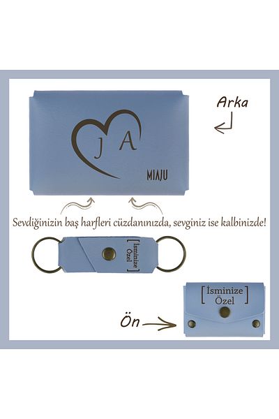 Miaju Sky Blue Name and Letter Custom Heart Wallet and Keychain Set - a Memory Memory Gift