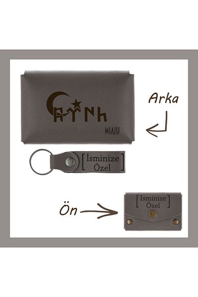 Miaju Ash Gray, Gokturk Alphabet Specially Designed Wallet and Keychain Set, Elegance and Sense Together