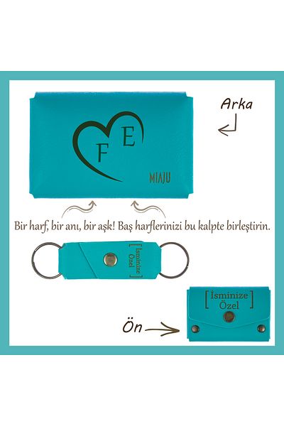 Miaju Dark Turquoise, Heart and Letter Embroidered Wallet & Keychain Set for Your Lover, Romantic Option