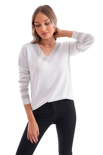 lavella Pulover argintiu pentru femei cu decolteu în V și guler cu mâneci 12785 BGL-ST04223