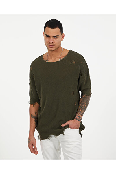 elkumoda Laser Cut Ripped Detailed Oversize T-Shirt Χαλαρό άνετο και μοντέρνο...