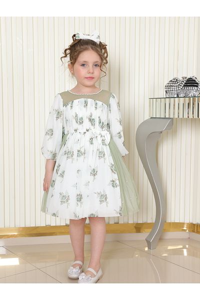 TREEMASS Girl's dress, Tulle printed with flowers and Pearls