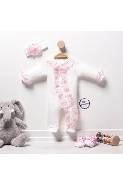 Annora Güpürlü Yamuk Fırfırlı Kız Bebek Tulumu