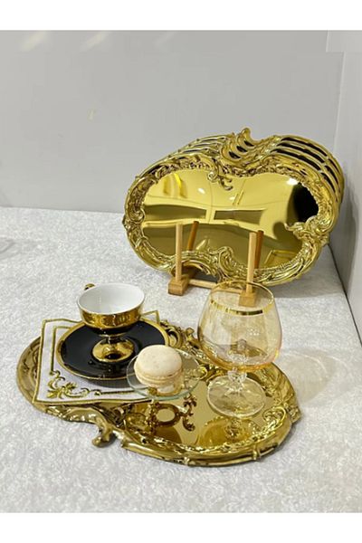 Kalya Concept 4-Piece Gold Embroidered Lace Pattern Coffee Presentation Serving Tray Artnova - Stylish Presentation Holder (21 X 30 cm)