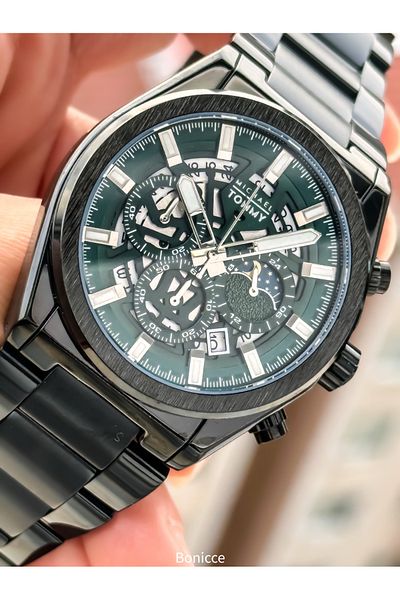 MICHAEL TOMMY Men's Wrist Watch Bracelet - 3 Atm, Black Color, Green Dial & Steel Band, Luxury Rosary