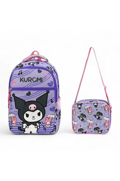 Baginn Geanta pentru scoala primara Set 2 piese Kuromi Lunchbox cu termos 42*30 Cm Geanta primara pentru fete