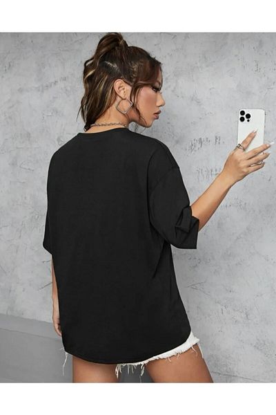 Frisson Women's Black Face Printed Crew Neck Oversize Cotton T-Shirt