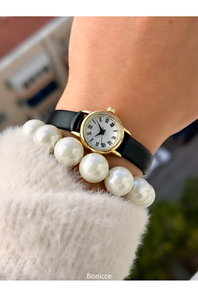 Bonicce Black Leather Band in Gift Box, Minimal Case, Women's Roman Numeral Wristwatch Pearl Bracelet