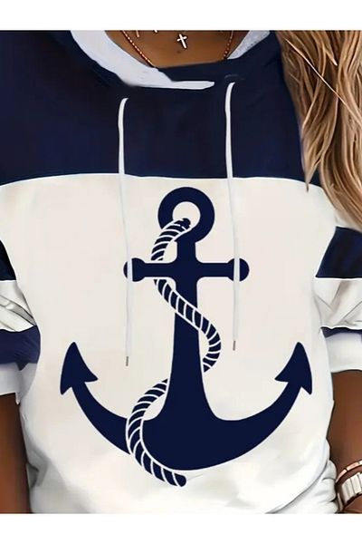 McA all inclusive Clover Fashion Women's Long Sleeve Hooded Anchor Patterned Hooded Diver Blouse
