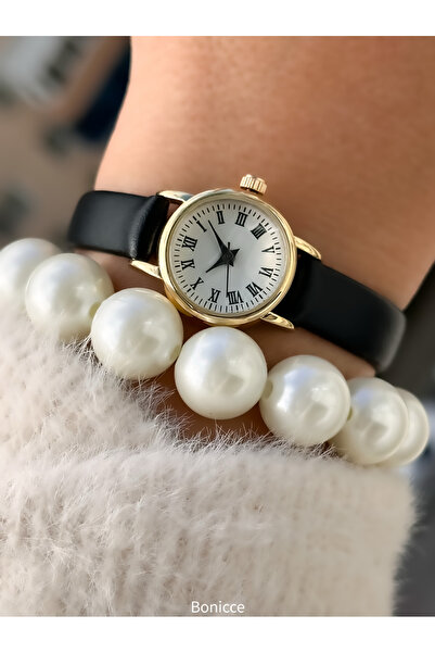 Bonicce Black Leather Band in Gift Box, Minimal Case, Women's Roman Numeral Wristwatch Pearl Bracelet