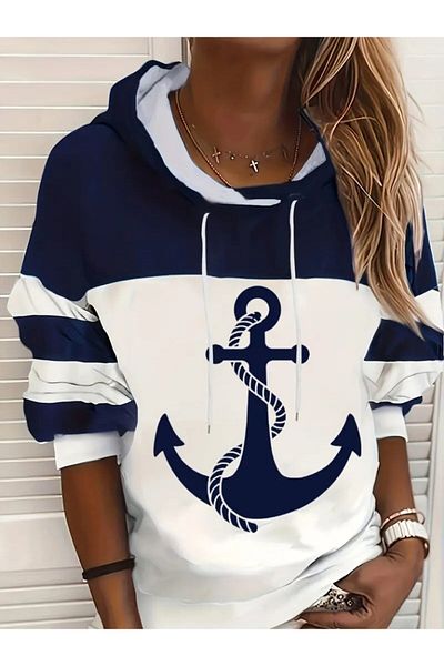 McA all inclusive Clover Fashion Women's Long Sleeve Hooded Anchor Patterned Hooded Diver Blouse