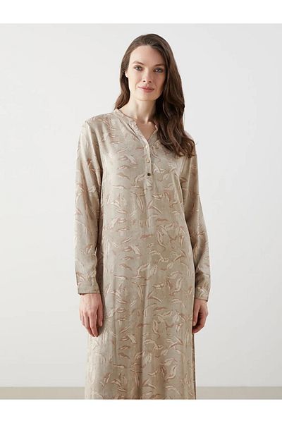 LC Waikiki Γυναικείο φόρεμα με στάμπα LCW Grace Beige με μοτίβο με γιακά