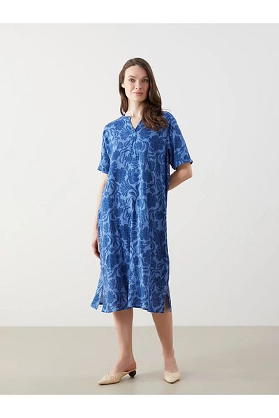 LC Waikiki Rochie de damă LCW Grace Blue cu guler evazat, amestec de in floral