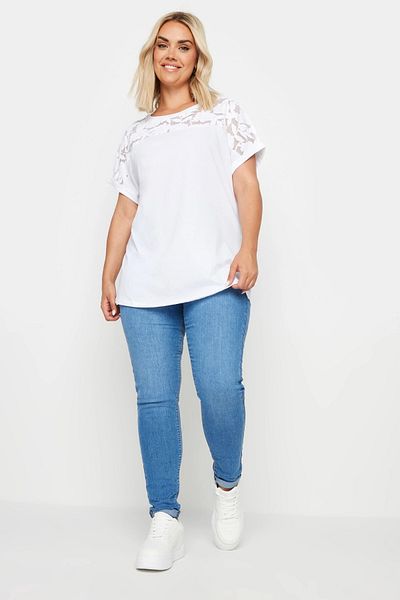 Stil Diva Crew Neck Tulle Detailed Short Sleeve Large Size T-shirt - 321926