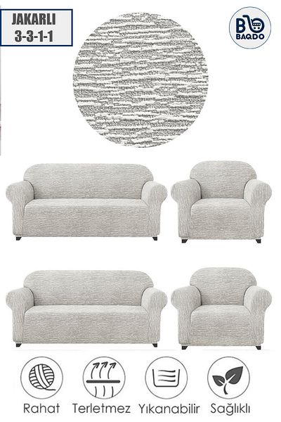 BAQDO 331 Cream Jacquard Quality Flexible Washable Seat Cover - Elastic Sofa Bed Couch Cover