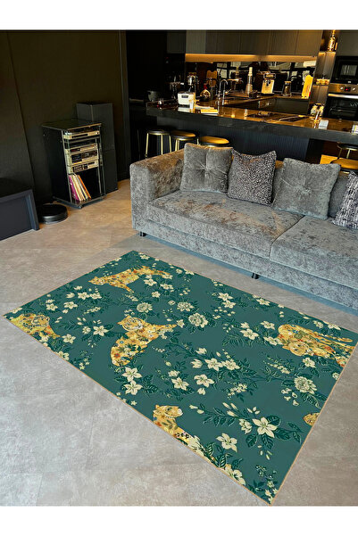 Rugs Modern Halı Tuğrul Koleksiyonu Petrol Yeşili Tema Kaplan ve Çiçek Desenl...