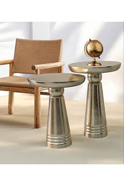 ASELYA HOME Ahşap 2’li Set Handmade Mantar Yan Sehpa Modern Gümüş Renk Varak ...