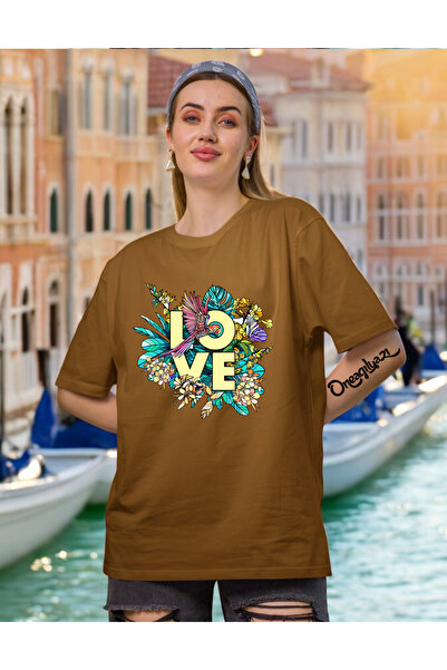 oneagılyazı تي شيرت نسائي كبير الحجم مطبوع عليه زهرة Lov