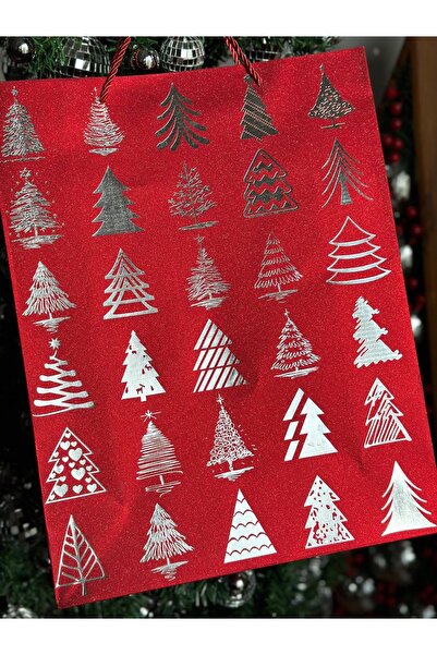 QUEEN AKSESUAR луксозна голяма подаръчна торбичка с пайети, блестящ сребрист мотив на елха и дръжка от въже