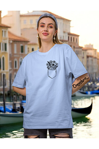 oneagılyazı تي شيرت نسائي كبير الحجم مطبوع عليه زهور الجيب