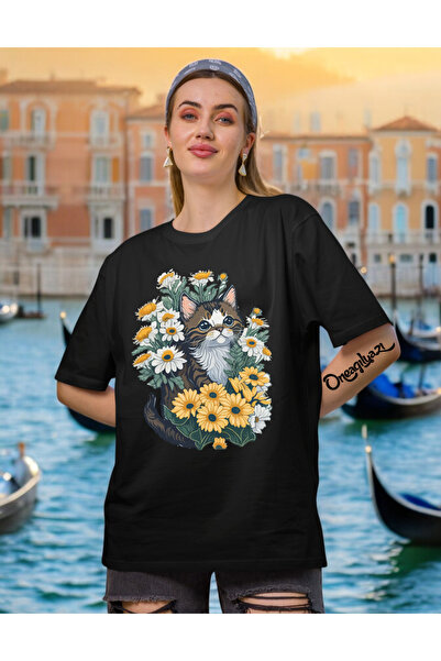 oneagılyazı تي شيرت نسائي كبير الحجم مطبوع عليه زهرة القطة