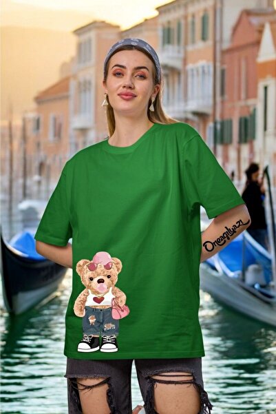 oneagılyazı تي شيرت نسائي كبير الحجم مطبوع عليه دمية دب