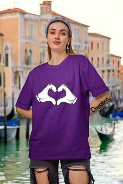 oneagılyazı Finger Heart Printed Women's Oversize T-Shirt