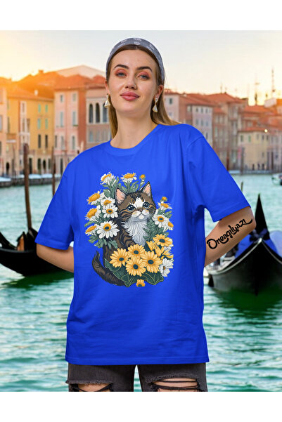 oneagılyazı Tricou oversize pentru femei cu imprimeu cu flori de pisică