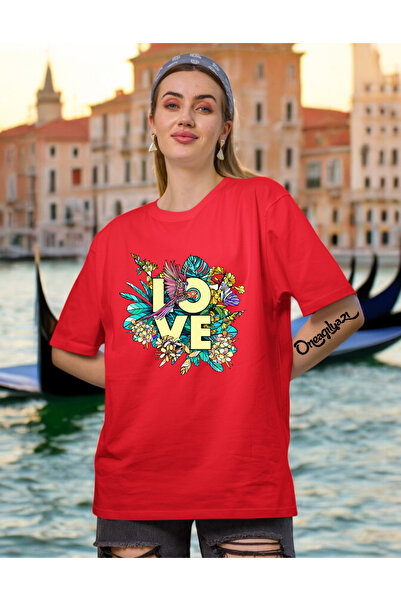 oneagılyazı Γυναικείο μπλουζάκι με στάμπα Lov Flower σε μεγάλο μέγεθος