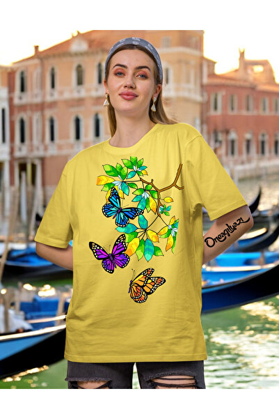 oneagılyazı تي شيرت نسائي مطبوع بتصميم فراشة شجرة