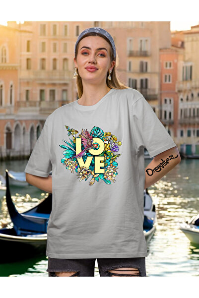 oneagılyazı Γυναικείο μπλουζάκι με στάμπα Lov Flower σε μεγάλο μέγεθος