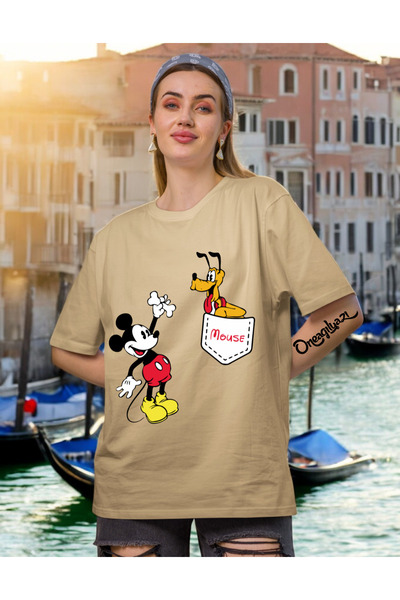 oneagılyazı Pocket Printed Minne Mause Printed Women's Oversize T-Shirt