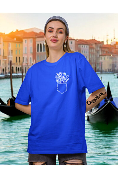 oneagılyazı Pocket Floral Printed Printed Women's Oversize T-Shirt