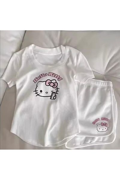 Gofeel Λευκό Hello Kitty Μπλούζα Σορτς Κάτω Σετ