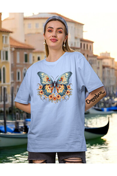 oneagılyazı تي شيرت نسائي كبير الحجم مطبوع عليه فراشة