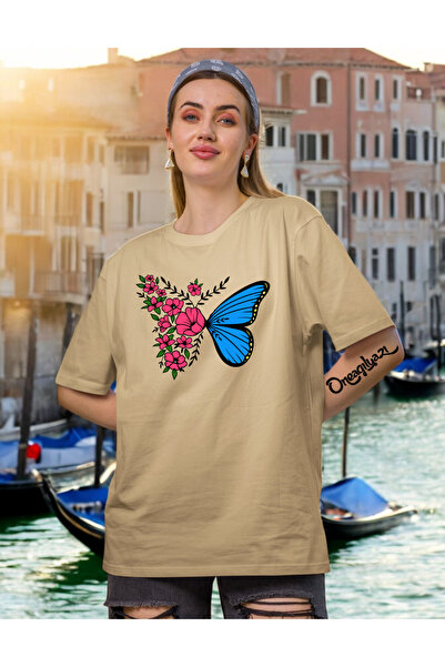 oneagılyazı Butterfly Pattern Printed Women's Oversize T-Shirt