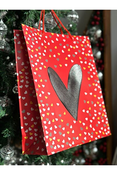 QUEEN AKSESUAR lüks büyük parlak varaklı hediye paketi kalp süslü desenli ip askılı karton çanta poşet kırmızı