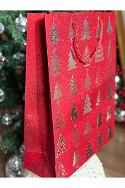 QUEEN AKSESUAR lüks büyük simli parlak gümüş çam ağacı ağaç desenli hediye paketi ip askılı karton çanta poşet