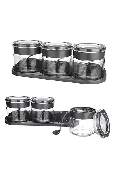 Leony 3 Pieces of Spice Set with Vacuum Lid and Spoon 3X300 ml with Stand